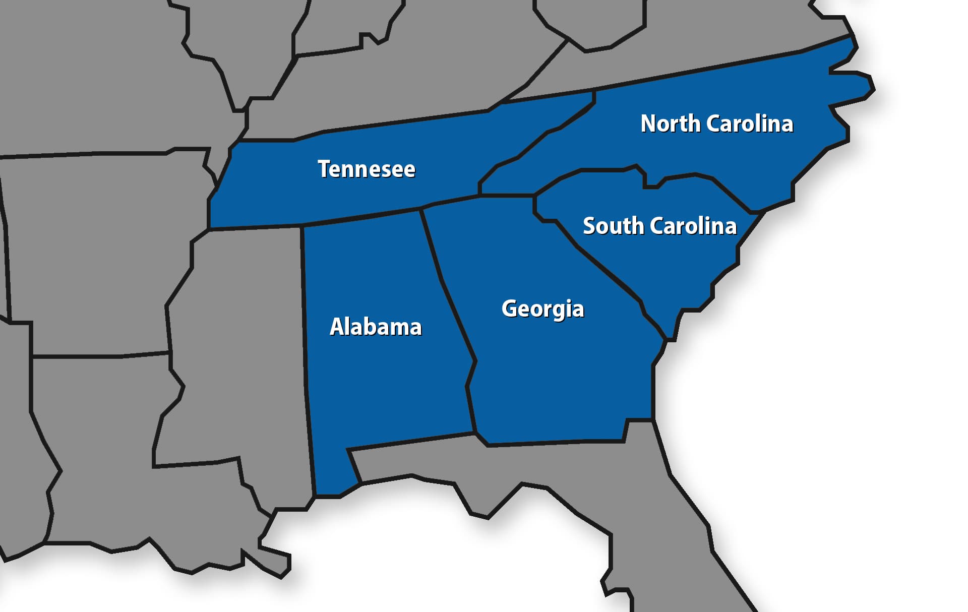 map of states Watertight Roofing is licensed in - Georgia, South Carolina, North Carolina, Alabama, and Tennessee